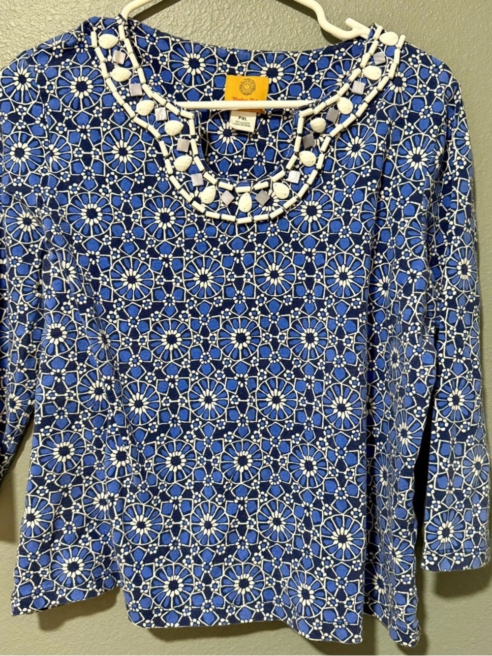 Ruby Rd. Blue and White Floral Geometric Long Sleeve Top